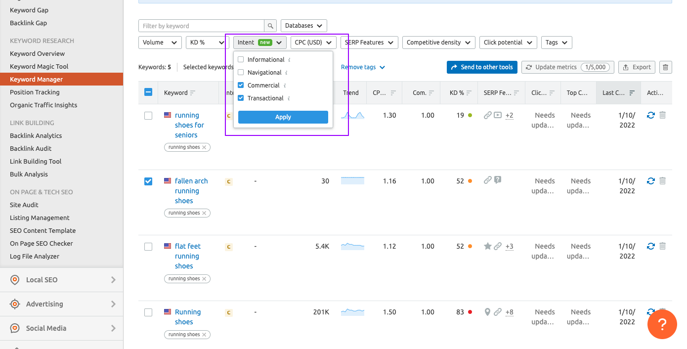 semrush 关键字管理器工具中的搜索意图功能的屏幕截图