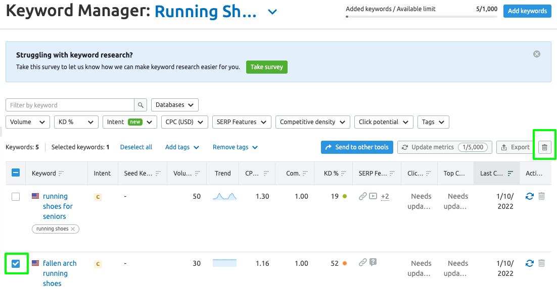 semrush 关键字管理器工具的屏幕截图 - 已选择结果