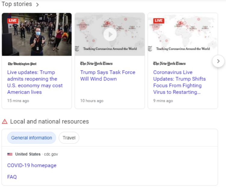 Google SERP 中与 COVID 相关的更改 - 示例