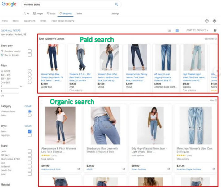 Google 购物上的付费和自然搜索结果