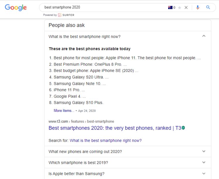 屏幕截图显示了 Google 的 People Also Ask 部分中的精选结果片段