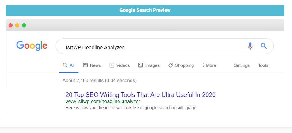 IsItWP Headline Analyzer 的屏幕截图 - 显示标题在 Google 搜索结果中的外观