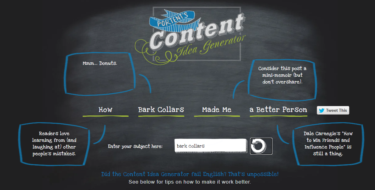 Portent 的 Content Idea Generator 的屏幕截图 - 顶级 SEO 编写工具之一