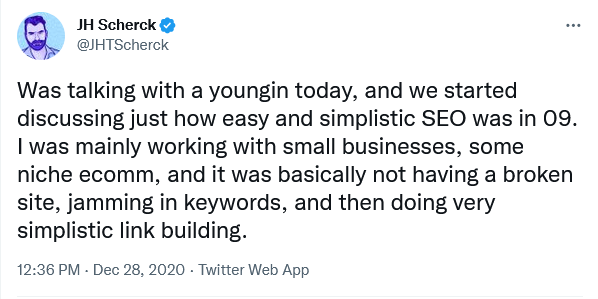 今天和一个年轻人聊天，我们开始讨论 09 年的 SEO 是多么简单和简单。我主要和小企业合作，一些利基 ecomm，基本上没有一个坏掉的网站，塞满关键词，然后做非常简单的链接建设。