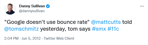 “谷歌不使用跳出率”@mattcutts 昨天告诉@tomschmitz，汤姆说#smx #11c
